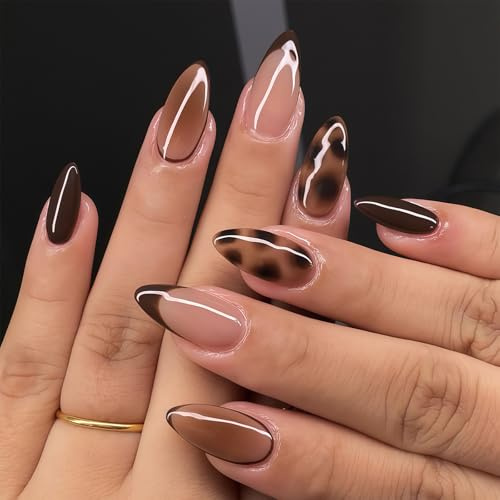 Zosutetoxo 24 pièces Ensemble de faux ongles : Ongles amande avec imprimé léopard marron, design français avec effet dégradé pour femmes et filles