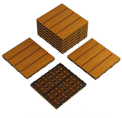 WPC Interlocking Decking Tiles Waterproof Click‑Fit Patio Floor Tiles | Wood Effect Composite Deck Tiles for Balcony, Garden, Terrace, Poolside, Easy DIY Installation - 9Pcs/Set, 30 x 30 cm