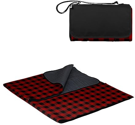 PICNIC TIME Outdoor Picnic Blanket Tote, 59x51 Foldable Beach & Camping Blanket with Soft Fleece, Water-Resistant Bottom, Adjustable Strap & Zippered Pocket (Red & Black Buffalo Plaid)