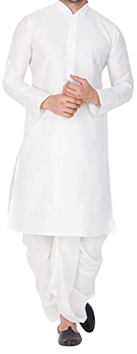 VASTRAMAY Set di pantaloni Kurta e Dhoti da uomo in misto seta e cotone, Bianco-3, M