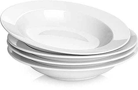 Y YHY Soup Bowls, Pasta Bowls Set of 4, White Salad Bowls and Plates, 20 Ounces Porcelain Wide Rim Bowls, Microwave and Dishwasher Safe, Christmas Gift