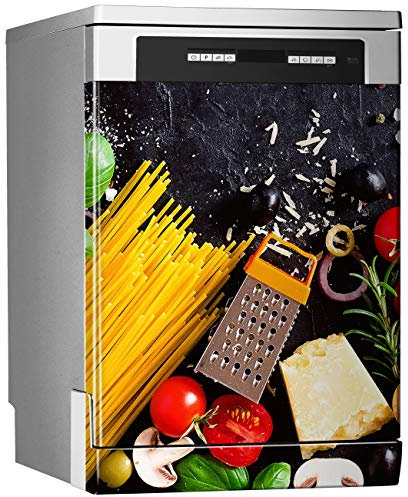MEGADECOR DECORATE YOUR HOME Vinilo Decorativo para Lavavajillas, Medidas Estandar 67 cm x 76 cm, Ingredientes De Pasta En Una Pizarra Negra