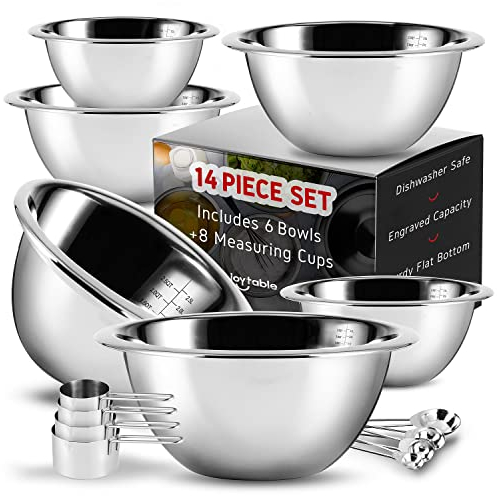 JOYTABLE 14 Piece Mixing Bowls with Measuring Cups and Spoons Set - Premium Stainless Steel Mixing Bowls Set - Nesting & Stable Metal Mixing Bowls Great for Kitchen, Baking, Cooking, Or Prep