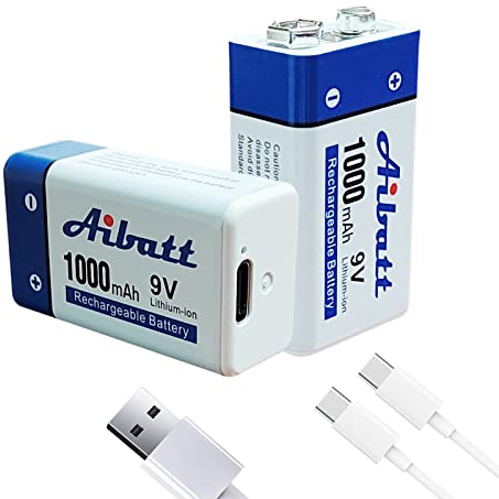 Aibatt 9V Block Akku 1000mAh,mit Ladeanschluss Typ C,Li-ion 6F22 Wiederaufladbare Batterie für Mikrofon,Rauchmelder,elektronisches Spielzeug,Walkie-Talkie,Rauchmelder,9V Blockbatterien(2 Stück)