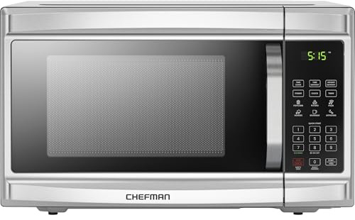 Chefman Countertop Microwave Oven, 1.3 Cu. Ft. Digital, Stainless Steel, 1000 Watts, with 6 Auto Menus, 10 Power Levels, Eco Mode, Memory, Mute Function, Child Safety Lock, Easy Clean Microwave Ovens
