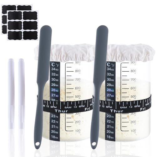 Oungy 2 Sets Sourdough Starter Jar Kit, 900ml Glass Sourdough Starter Jar with Wooden Lid, Cloth Cover, Date Feeding Band, Scale Thermometer Paper, Reusable Sourdough Starter Kit for Fermentation