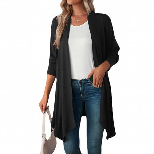 MSIYOW Femme Gilet Long Manches Longues Cardigan Léger Veste Décontractés Couleur Unie (M, Noir)