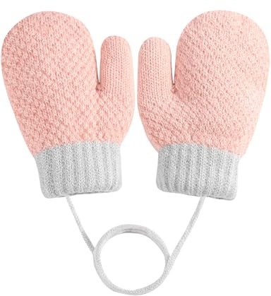 MELLIEX Baby Fäustlinge Handschuhe, Kinder Warm Winter Handschuh, Weich Niedlicher Strickhandschuh mit Schlüsselband für 0-3 Jahre Mädchen Junge，Rosa