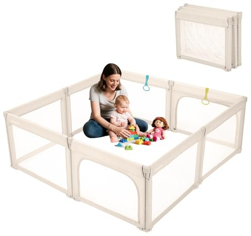 Doradotey Baby Playpen Foldable for Toddlers 1-3, Size and Shape Adjustable Enclosure, 8-Panels Detachable Gate 79x71 Large Indoor Playard, Easy Assembly and Clean, Safety Fence Play Area, Khaki