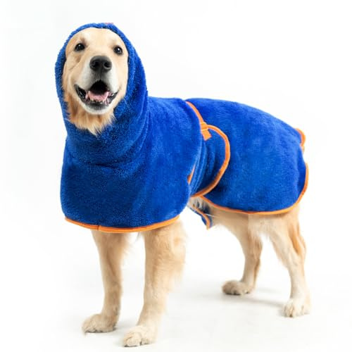 EXPAWLORER Soft Dog Bathrobe with Hood, Super Absorbent & Quick-Drying Dog Towels, Cozy Drying Coat for After Bath,Swimming, Blue XL