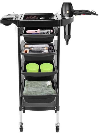 Chariot de Salon à 6 Niveaux avec 4 Tiroirs Extensibles, 4 Roues Universelles et 2 Supports de Plateaux Amovible pour Ongleries, Établissements Médicaux, Coiffeurs, Cliniques pour Animaux