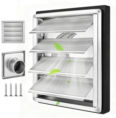 Grille d'aération en acier inoxydable - 150 mm - Avec clapet anti-retour - Grille de protection contre les intempéries - Avec moustiquaire - Joint à vis - Lamelles mobiles pour tuyau VMC - Couvercle