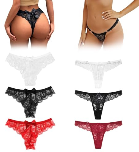 llikknve 6 PCS Lace Thongs for Women,Panties for Women,Low Waist French Knickers,Delicate Lace Bow Design,Hollow Out,V-Shape,One Size Multicolor