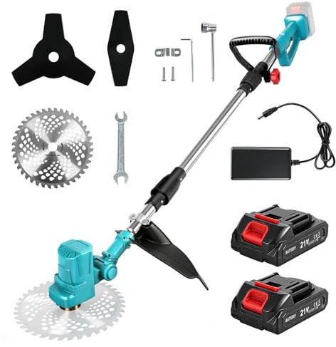 Cortacésped Inalámbrico, Desbrozadora Triple Sin Escobillas con Batería 2 x 2000 mAH, Cortacésped de Jardín con 3 Tipos de Cuchillas, Ruedas Extraíbles, Ajuste Telescópico para Jardín de Césped
