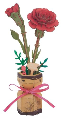 FIGCY Puzzle 3D en Bois Œillets Rouges, Kit de Modèle de Fleurs Artificielles DIY pour Adultes, Décoration Créative et Cadeau de Saint-Valentin