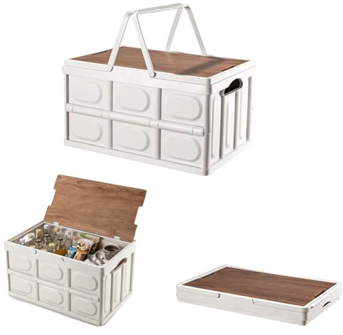 HSYTEK Scatola pieghevole da 30 l, con coperchio in legno e manico, 42 x 28,5 x 23,5 cm, pieghevole, stabile, in plastica, per campeggio, viaggi, famiglie, bagagliaio auto (bianco 1)