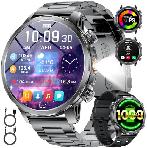 LIGE 1000mAh Smartwatch Uomo Militare, 1.85'' Orologio Smart Watch con Chiamata Bluetooth,100+ Modalità Sportive,Torcia LED Orologio Fitness,Sonno/Cardiofrequenzimetro,IP68 Orologio,Android iOS,Nero