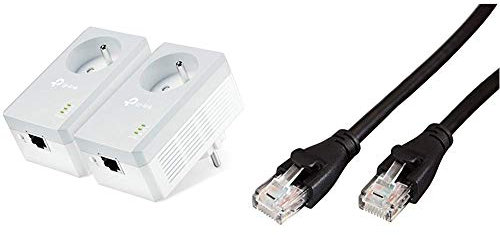 TP-Link TL-PA4015P KIT CPL 600 Mbps avec Prise Intégrée et Ports Ethernet, Kit de 2,& Amazon Basics Câble réseau Ethernet RJ45 catégorie 6 - 3 m
