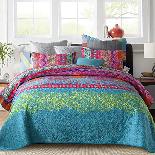 Qucover Bohemian Quilt Tagesdecke Queen-Size-Größe, 3-teilig, leichte Mikrofaser, rosa, blau, Boho-Tagesdecke, Bettüberwurf und Kissenbezüge für alle Jahreszeiten, 228,6 x 243,8 cm