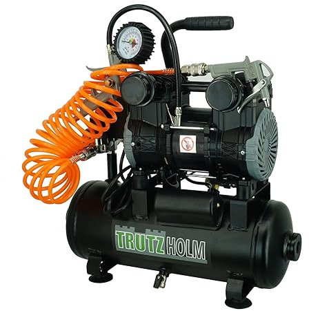 TRUTZHOLM Brushless Silent Flüsterkompressor tragbar innenbeschichtet 900 W / 9 Liter silent leise 57 db (A) Druckluft, Kompressor, ölfrei, 8 bar, Ansaugleistung 128 L/Min inkl. Zubehör