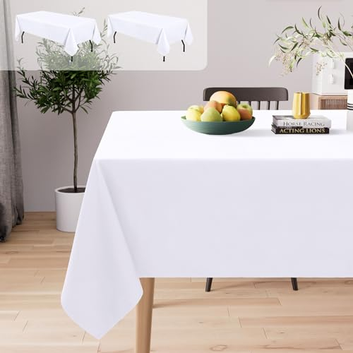 smiry Table Cloth Rectangular 140 x 200 cm Pack of 2 - Washable Fabric Dining Tablecloth, Dust-Proof Polyester Table Cover for Party Garden Kitchen Outdoor, White