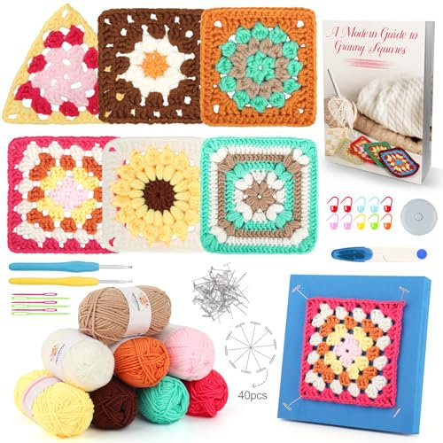 Aeelike Granny Square Häkelset für Anfänger, Häkel Starter Set mit Häkelnadeln 3,5mm 4,0mm, 8 Knäuel Häkelgarn, Zubehör, Häkeln für Anfänger mit Anleitung, T-Nadeln und Granny Square Blocking Mat