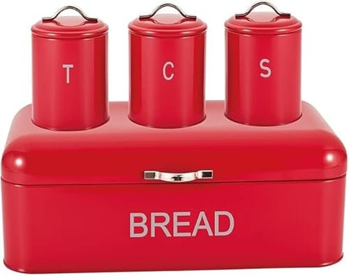 UNIQUE CRAFTS 3-Piece Bread Bin Set | Stainless Steel Kitchen Storage Containers for Tea, Coffee, and Sugar | Stylish Bread Box with Lids | Modern Storage Solutions | Durable Metal Design (RED)