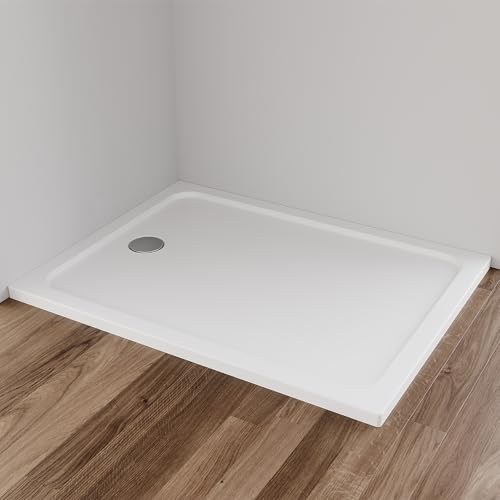 IMPTS Duschwanne 80x100x4 cm Duschtasse Komplett Set Quadrat Extra Flach Eckig Acryl Weiß Dusche Acrylwanne für Duschabtrennung Duschkabine, inkl. Ablaufgarnitur