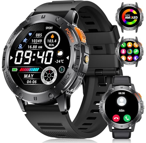 FOXBOX Militär smartklocka för män Bluetooth-samtal, 1,4 tum AMOLED smartwatch 530 mAh 5 ATM vattentät 100 + sport fitness klocka steg kalori puls blodtrycksmätare för Android iOS 2025