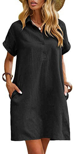 Zeagoo Vestido de Verano para Mujer de Lino Casual de Manga Corta Vestido de Playa a la Rodilla Vestido Camisero Informal con Bolsillos S-XXL | Vestido de algodón|Vestido casual de manga corta|Elegante vestido blusa