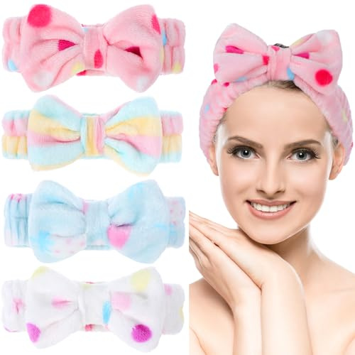4Pcs Cute Candy-Colored Spa Headband with Soft Coral Fleece for Face Wash, Makeup Skincare, Elastic Hair Wrap for Women & Girls