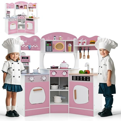 HOMASIS Cuisine pour Enfants avec Son et lumière, Cuisine d'angle avec 16 Accessoires de Jeu, Set de Cuisine avec Machine à café évier Four Micro-Ondes Machine à Laver, Cuisine Jouet en Bois (Rose)