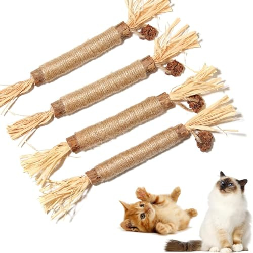 HUIQIHANG Paquete de 4 palitos masticables naturales para gatos, juguetes interactivos de hierba gatera para gatos de interior, limpieza de dientes y alivio del estrés, ayuda para la dentición de