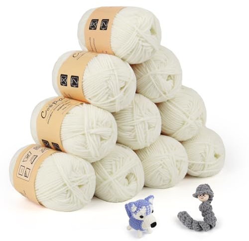 Coopay Ovillo de lana para ganchillo, 450 g (10 x 45 g), 5 ovillos de lana para tejer, lana de bebé para principiantes, hilo de ganchillo muy suave para proyectos de ganchillo y punto, color blanco