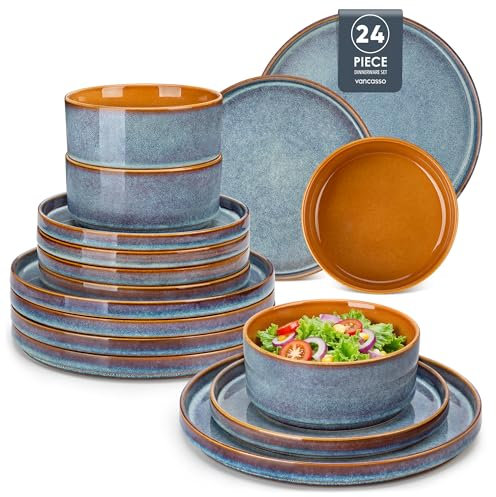 vancasso ONION Assiettes Service de Table 24 Pièces pour 8 Personnes, Service Complet en Grès - 8 Assiettes Plates, 8 Dessert et 8 Bols - Adapté au Micro-Ondes, Glaçure Gris Bleu