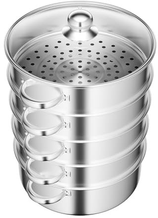 5-Layer Steam Cooker Commercial Stainless Steel Steamer Domestic Steam Pot 11 Inch for Cooking Food w/Glass Lid Steamer Pot Suitable for Tamale Vegetable Food Dumpling and Seafood