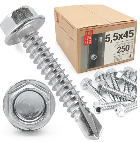 250 viti autoperforanti 5,5x45 mm con testa esagonale DIN 7504K in acciaio zincato con punta di trapano per lamiera trapezoidale e lamiere metalliche