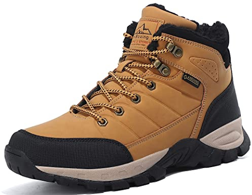 ARRIGO BELLO Walking Boots Mens Winter Snow Boots Hiking Warm Fur Ankle Trekking Leather Non-Slip Outdoor Boot Size 7-11UK (B-Yellow, Size 10.5)