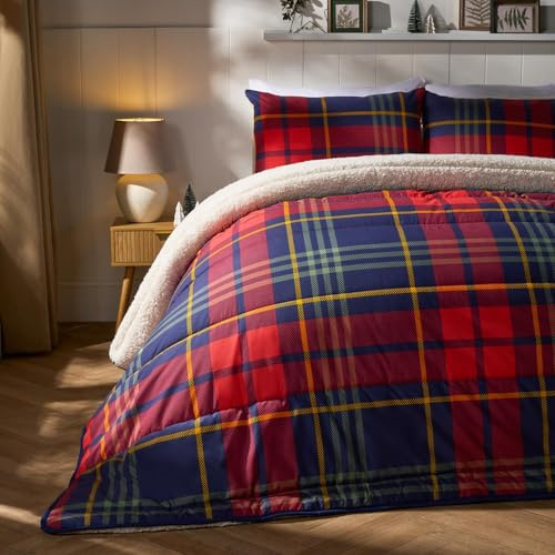 OHS Coverless Duvet King Size 10.5 Tog, Christmas Winter Coverless Duvet Ultra Soft Warm Comfy Tartan Check Sherpa Reversible Washable Quilt King Size Duvets with Pillowcases, Red/Navy