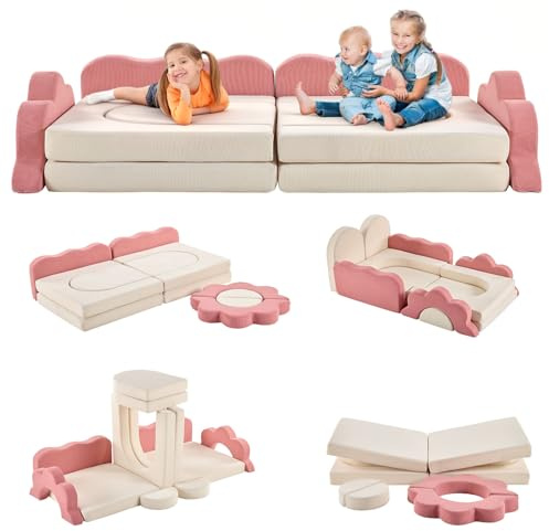 Karl home Kids Couch 12PCS, Modular Kids Play Couch, Indoor Multifunctional Foam Toddler Sofa with Flower Shape, Sectional Convertible Sofa Imaginative Furniture Play Set for Playroom, Pink & White