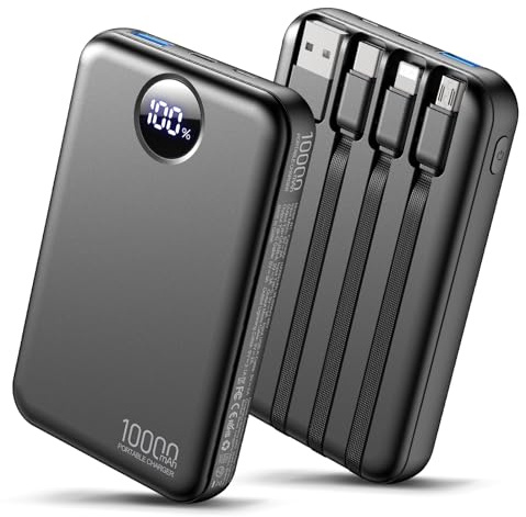 HAIARA Portable Charger 10000mAh Power Bank with 4 Built-in Cables,LED Display Compact and Battery Pack with Multiple USB Ports All-in-One Travel Charger for iPhone,Android and Other Devices-Black
