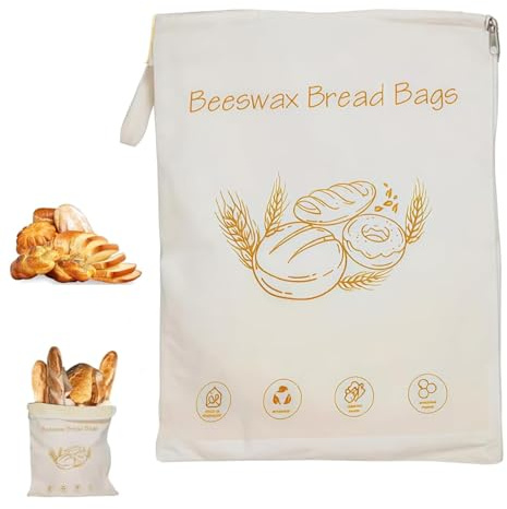 Sacchetti per pane in cotone e cera d'api con chiusura lampo per sordough, extra large e portatile, in cotone naturale, riutilizzabile, borsa per alimenti