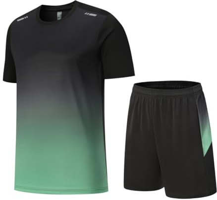 Beuwltpa Tuta da uomo, 2 pezzi, estiva, da jogging, ad asciugatura rapida, funzionale, traspirante, per lo sport, maglietta e pantaloni corti, set comodo da uomo, per corsa, palestra, verde, L