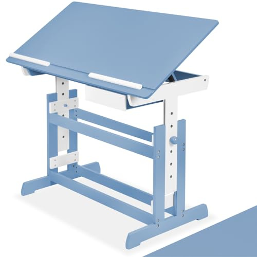 tectake® Bureau Enfant avec Rangement Plateau de Bureau inclinable Bois 109 x 55 cm Pieds de Table réglables en Hauteur, avec Un Tiroir idéal Dessin, devoirs, activités manuelles pour Chambre Enfant