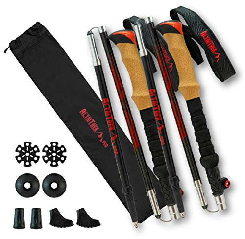ALTAITREK PRO® Bastoncini da trekking pieghevoli in 100% fibra di carbonio con sistema di bloccaggio rapido | Bastone ultraleggero per escursionismo montagna campeggio | Impugnatura in sughero, Coppia