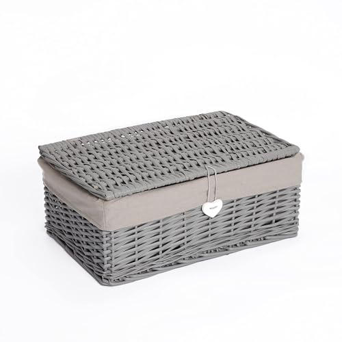 Natural Wicker Storage Basket With Lid Underbed Storage Gift Basket (Grey, Medium)