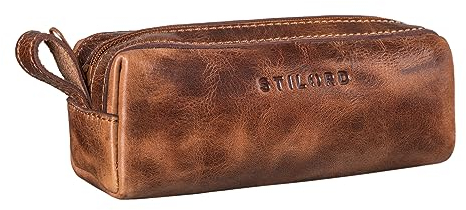 STILORD 'Linus' Etui Leder Vintage Herren Damen Stifteetui Lederetui Federmappe quadratisch Stiftetasche Büffelleder, Farbe:Napoli - braun