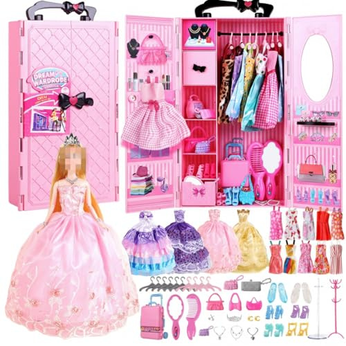UCanaan Armoire Garde Robe pour Vêtements Poupée Fille 11,5 Pouces Et Rangement Accessoires - Lot 51 Articles Comprenant Malle, Décontractés,Robe,Maillots Bain,Chaussure