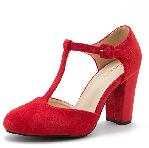 Women's T-Strap Block Chunky Heel Mary Jane Pumps Cut Out Wedding Dress Shoes, Suede Red, 5 UK