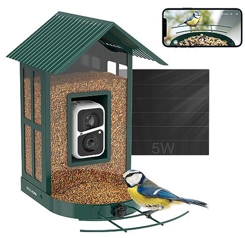 SOLIOM Bird Feeder Camera Solar Powered, 2K Live Video, Squirrel Proof Metal Case, Hummingbird & Diverse Feeding Add-ons, Smart Wireless Outdoor Backyard Bird Feeder Cam for Birdwatching Gifts (1.6L)